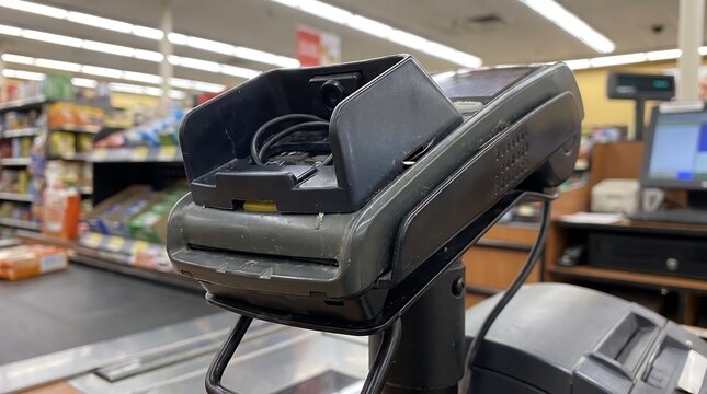Close up of a modern payment terminal at a retail checkout counter.