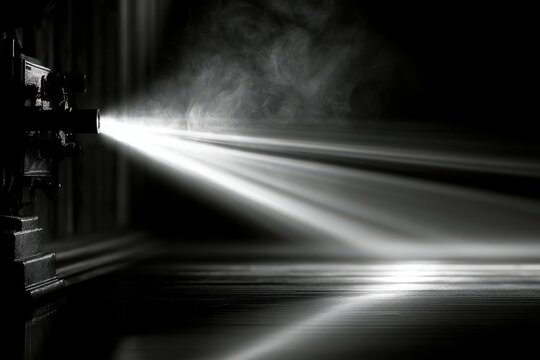 Vintage movie projector with light beams shining in darkness for.