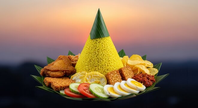 Traditional Indonesian nasi tumpeng with side dishes at sunset