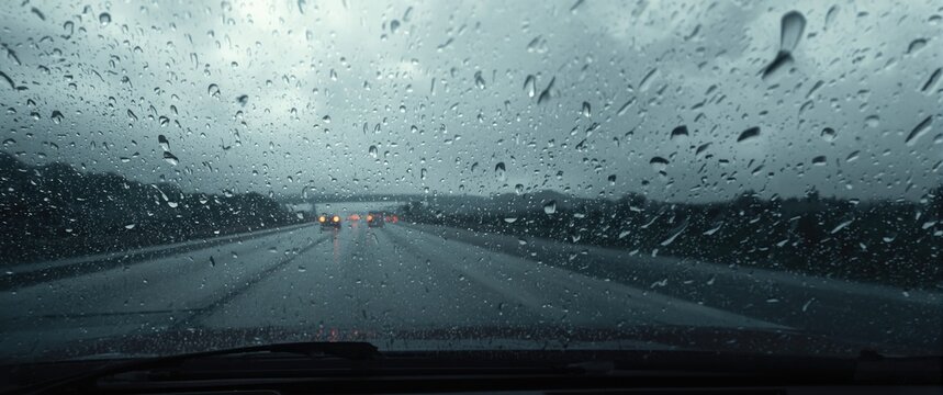 Rainy Car Windshield View on a Highway during a Storm