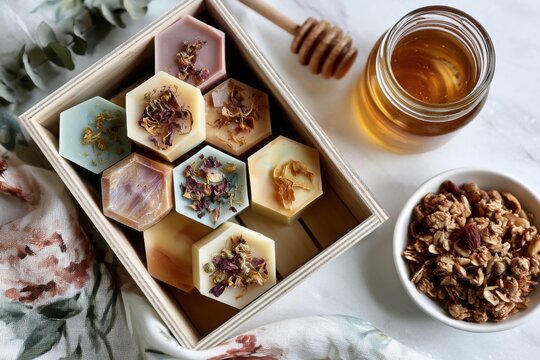 Natural handmade hexagonal soaps in a wooden box with honey and.