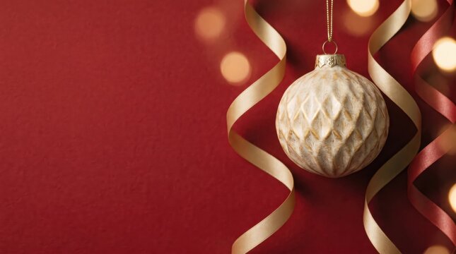 Christmas background with golden textured bauble ribbon and bokeh lights on red paper surface holiday greeting card copy space minimalist style