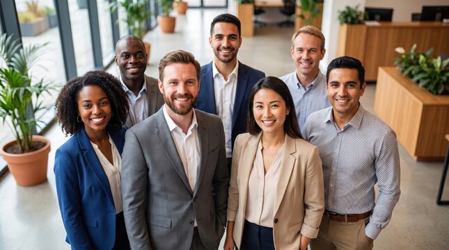 Large multiethnic business group standing in bright office smiling looking at camera top view portrait for teamwork human resources recruitment banner