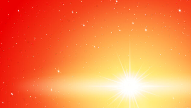 Vibrant orange and red starry sky with bright sunburst glare background