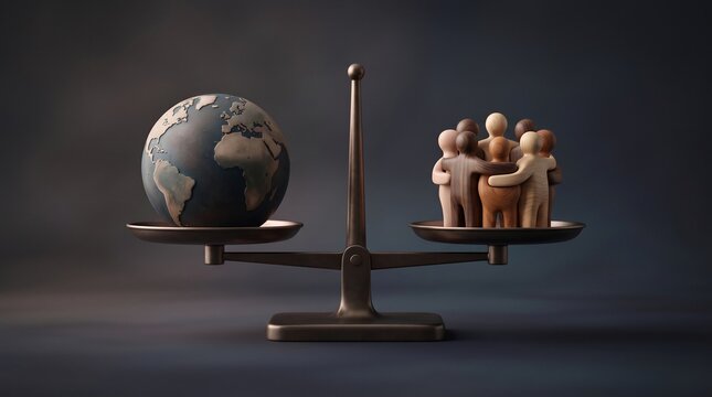 Global balance between environmental sustainability and human community unity conceptual studio still life composition with scale balancing terrestrial