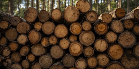 Stacked Logs in a Forest with Sunlight Filtering Through Trees © TheWaterMeloonProjec