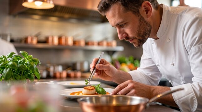 Professional male chef plating gourmet seared scallop dish with microgreens using tweezers in modern commercial restaurant kitchen culinary concept