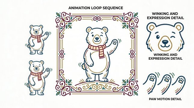 Animated polar bear in decorative frame, waving and smiling