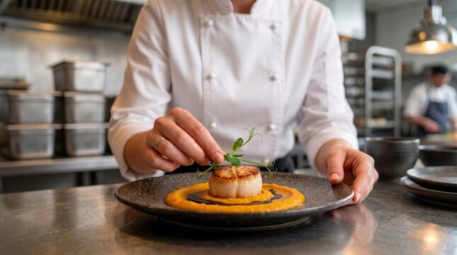 Close up of chef hands holding white plate presenting fine dining seared scallop dish with microgreens and sauce in professional restaurant kitchen