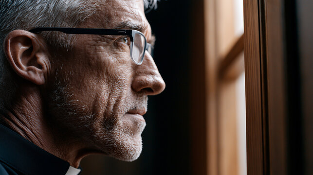 Side profile of a thoughtful senior Catholic priest with glasses and clerical collar, looking pensively out a window.