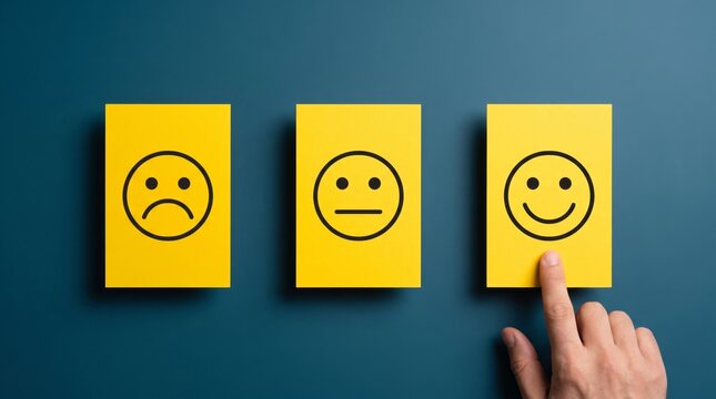 Hand pointing at happy sticky note among sad and neutral faces representing customer satisfaction and positive feedback rating