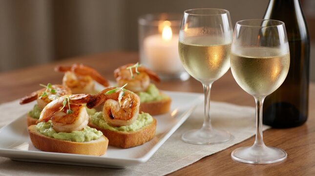 Gourmet shrimp bruschetta appetizers with avocado guacamole on white plate served with two glasses of white wine and burning candle on wooden table