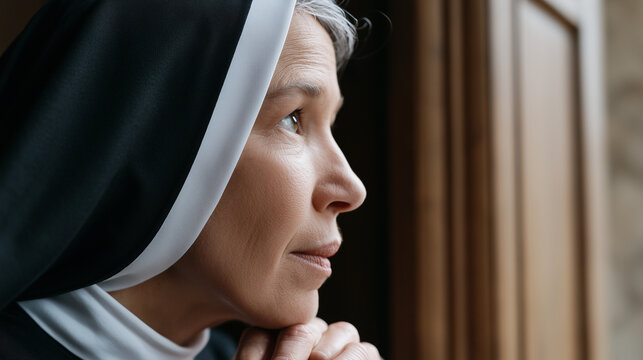 Profile portrait of a devout Catholic nun praying quietly near a window.