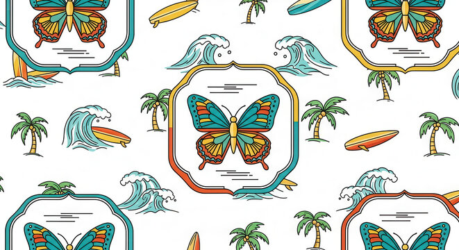 vibrant summer tropical butterfly surf pattern