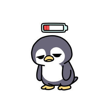 Cute tired penguin cartoon with low battery icon illustration,bird,kawaii,bruntout,