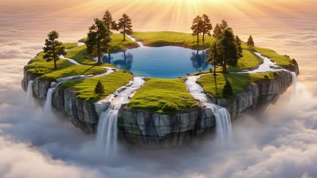 Floating Island with Lush Greenery and Waterfalls Hovering Above a Sea of Clouds in Sunrise Light