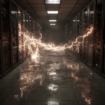 Broken server room with sparks and damaged cables