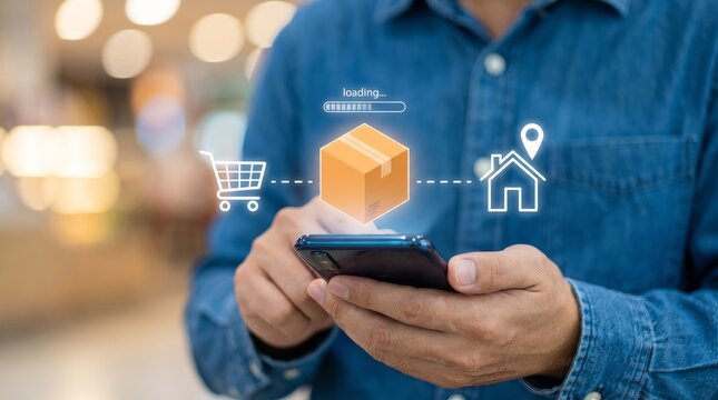 Man using smartphone with online shopping and delivery icons package box cart home location