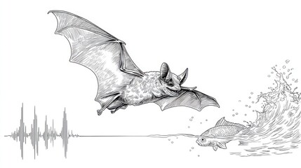 Fototapeta premium Bat in Flight Above Water with Fish Splashing and Sound Wave
