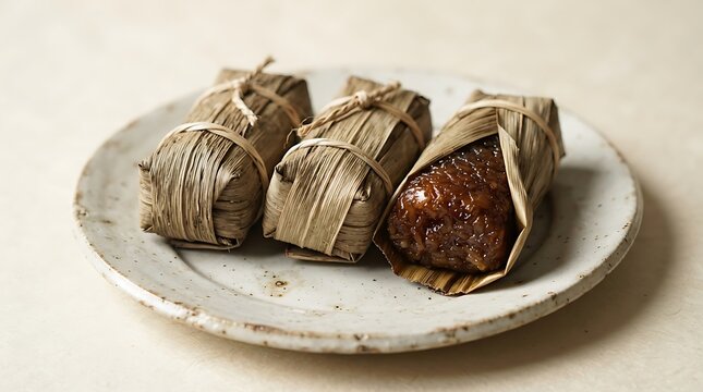Traditional Indonesian sticky rice snack (lemper) wrapped in banana leaves on a white plate