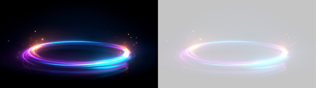Glowing circular light trail with sparks. Abstract neon ring effect on black and transparent background