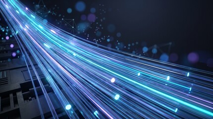 Fototapeta premium Futuristic fiber optic network with glowing data streams. High-speed digital communication lines transmitting neon light pulses in dark tech enviro...