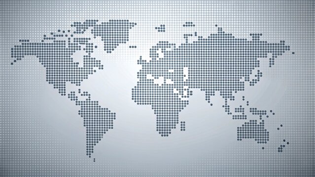 World map illustration made of square pixelated grid pattern showing global communication network and connectivity data concept.