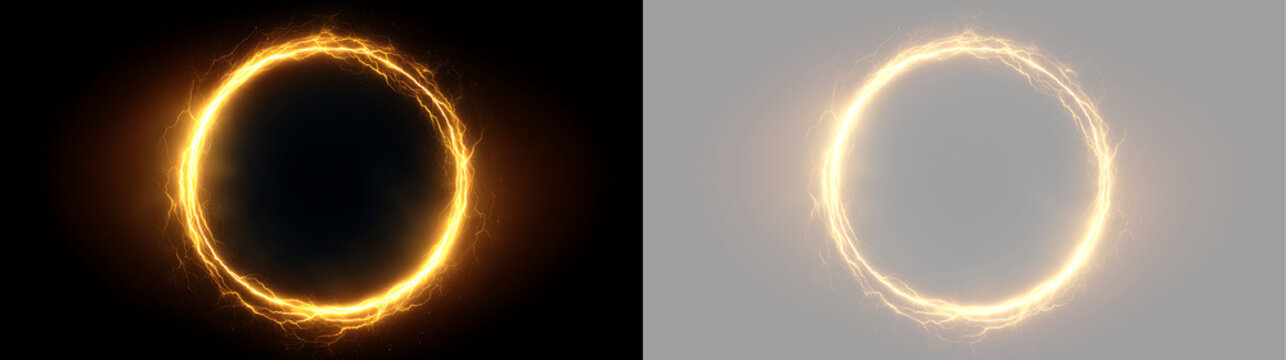 Glowing golden electric ring with sparks. Abstract energy circle on black and transparent background