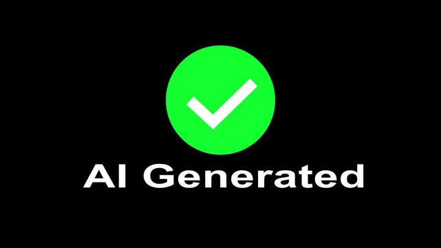 Green checkmark icon animation on black background with ai generated text below motion.