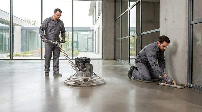 Professional construction workers using a power trowel and smoothing tool to finish and polish a concrete floor in a modern interior building
