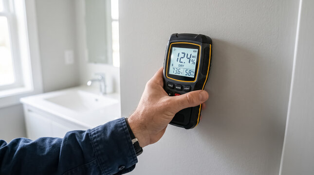 Hand holding digital relative humidity and temperature gauge sensor meter device against white room wall interior