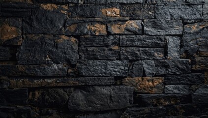 Fototapeta premium Textured Black Stone Wall with Golden Accents in Low Light