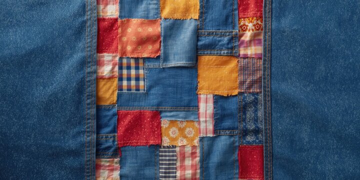 Colorful patchwork sewing pattern on denim fabric