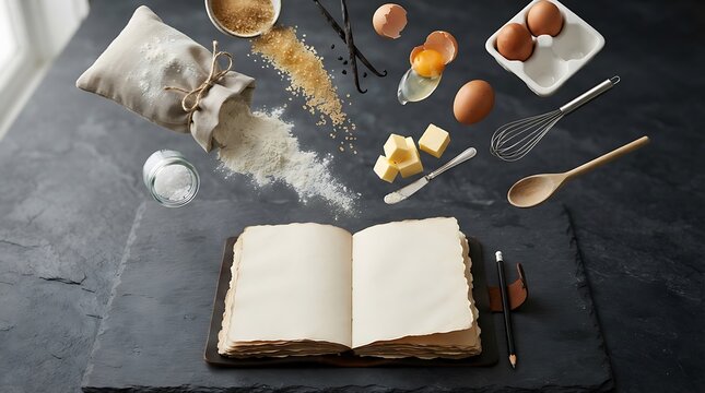 Baking ingredients floating over an open recipe book on a dark stone background
