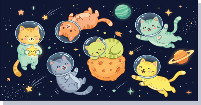 Cute cartoon astronaut cats floating in outer space with planets stars and rocket moon surface vector illustration set