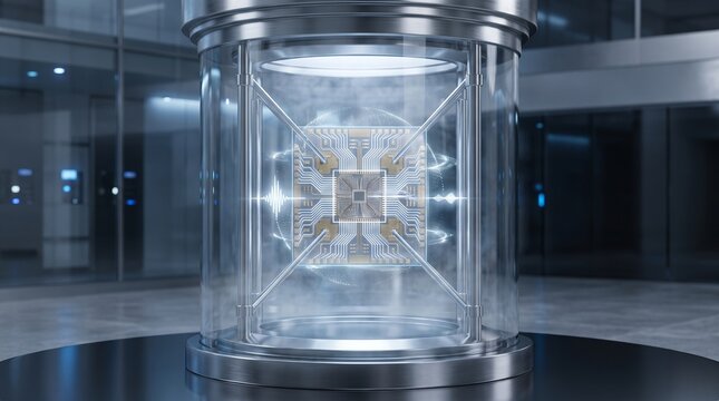 Quantum processor chip in cryogenic cooling chamber. Advanced superconducting qubit technology for next-gen computing research.