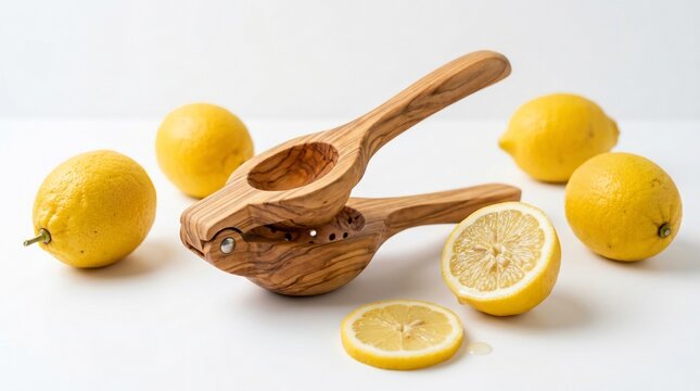 Wooden lemon squeezer with fresh lemons on white background