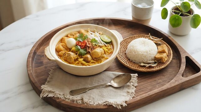 Delicious Malaysian curry laksa noodles served with steamed white rice on a wooden tray