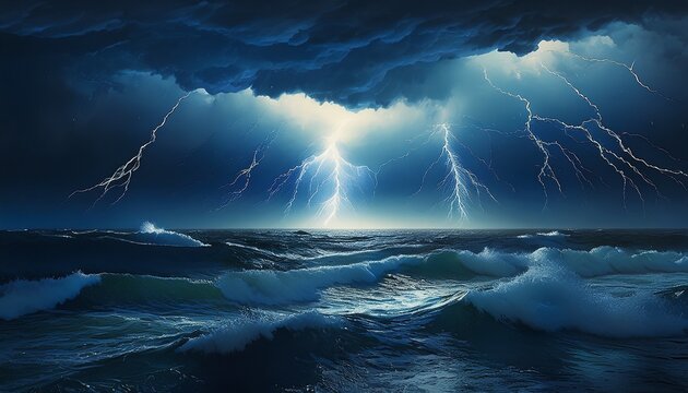 night sea dramatic landscape with a storm night storm on the ocean gloomy giant waves and lightning dark cloudy sky above the water ai