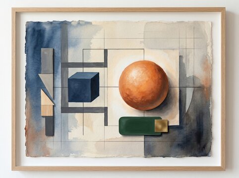 Framed abstract geometric watercolor painting with 3D shapes