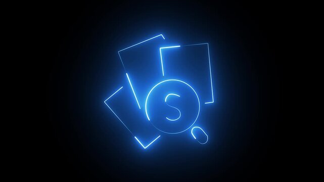 Neon blue search icon with paper documents symbol for digital file research and data discovery