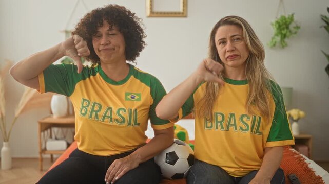 Woman in brazil jersey sitting on a bed with a soccer ball gives thumbs down, frowning expression and slumped posture in a building; disappointment solidarity.