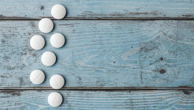White Pills Arranged in Arrow Shape on Blue Wooden Surface