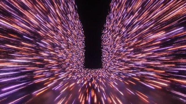 Abstract digital background with glowing neon light streaks in purple and orange colors, creating a sense of highspeed motion or hyperspace travel