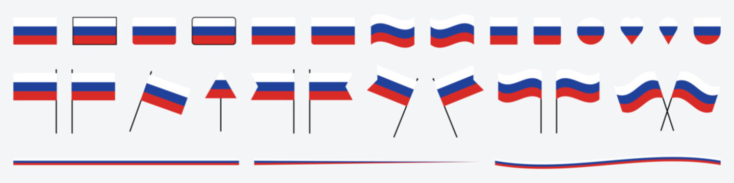 Comprehensive Russia Flag Vector Mega Set Featuring Icons Heart Badge Map Pin Waving Pole Flags and Ribbon Borders