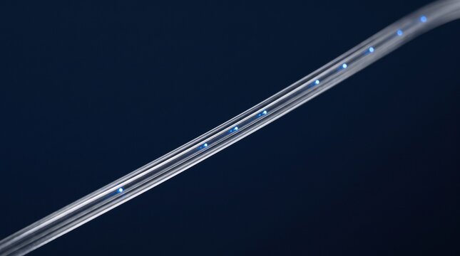 Fiber optic cable transmitting data with glowing blue light. High-speed internet backbone illuminated for telecom and network infrastructure.