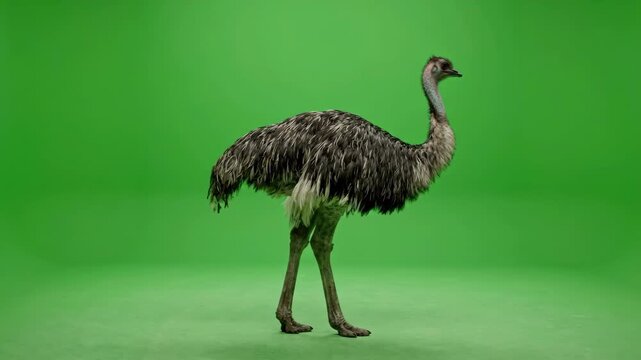 A large ostrich walking steadily across a vibrant green screen studio background with rhythmic leg movements and swaying feathers