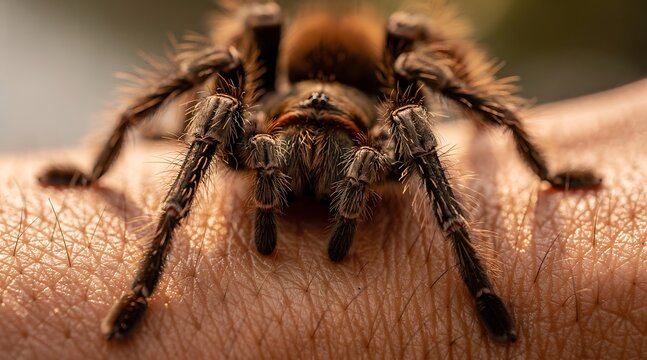 A close up macro shot of a hairy tarantula spider crawling on human skin.