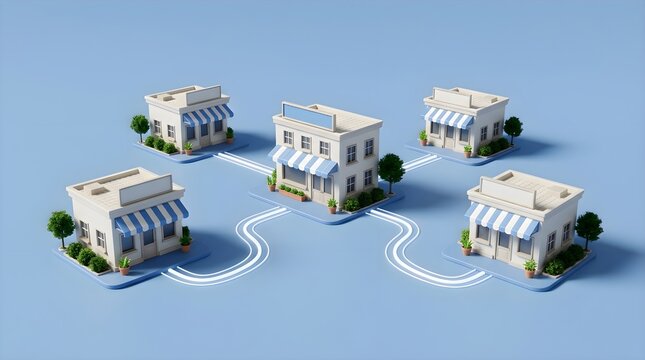 Isometric network of franchise stores on blue background.