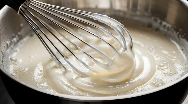 A close up view of a metal whisk stirring a creamy white sauce in a pan.